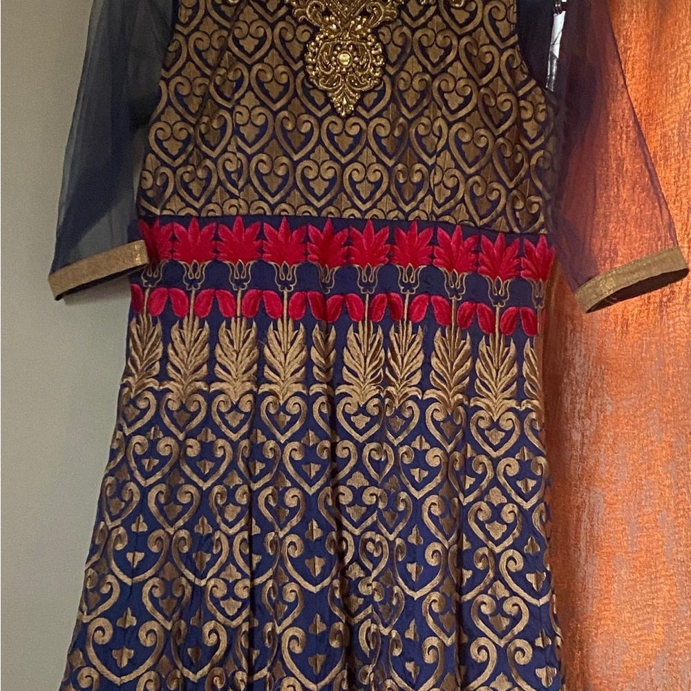 Embroidered Navy & Gold Anarkali Dress with Red Accents